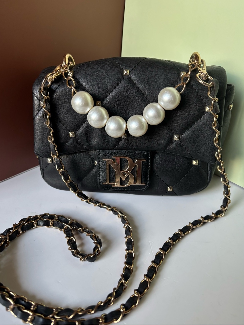 BADGLEY MISCHKA Black Quilted Chain Crossbody Bag with Pearl Accent